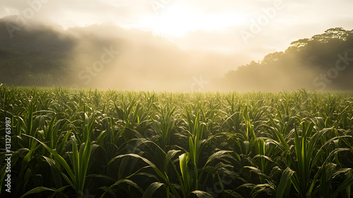 Serene Sunrise over Lush Green Sugarcane Field