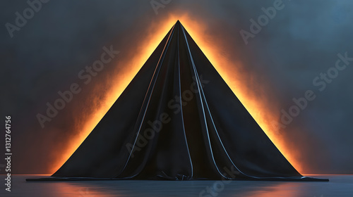 Mysterious Black Pyramid Draped in Cloth, Illuminated by Fiery Orange Light