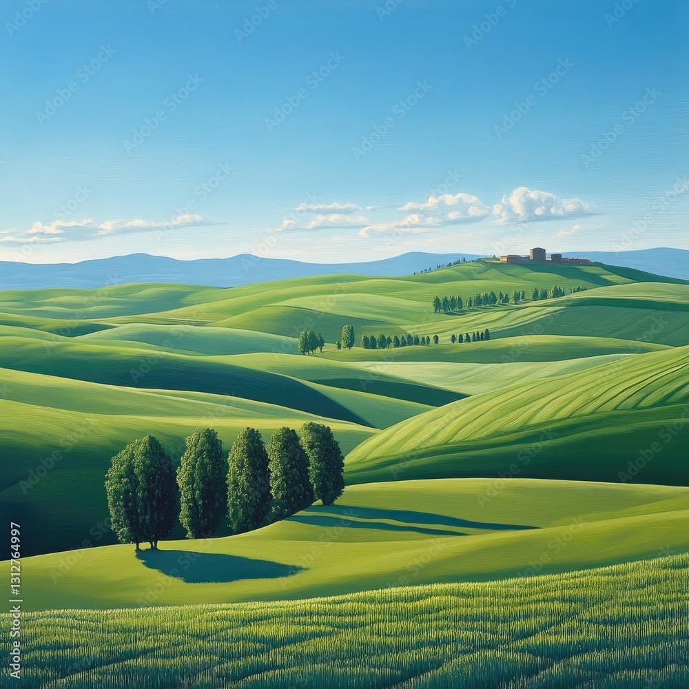 Fototapeta premium Peaceful Green Meadow Under a Bright Blue Sky