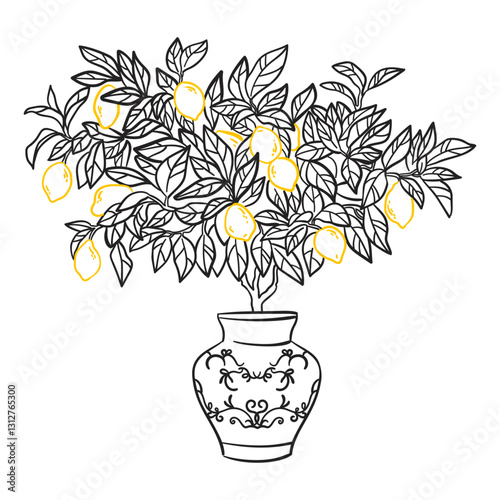 Lemon harvest illustration. Hand drawn Amalfi doodle black drawing for t-shirt print, invitation. Italian Dolce vita summer element in sketch style.	