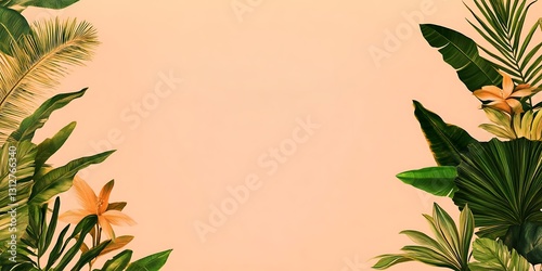 Lush tropical foliage frames a peach background, ideal for text or design