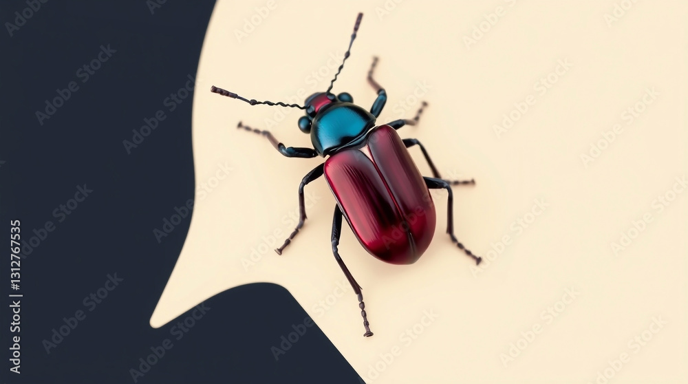 A modern flat design illustration of a macro, super realistic photo of a bright beetle insect, utilizing rich burgundy and deep blue colors, simple two-dimensional shapes, and a sophisticated A modern flat design illustration of a macro, super realistic photo of a bright beetle insect, utilizing rich burgundy and deep blue colors, simple two-dimensional shapes, and a sophisticated