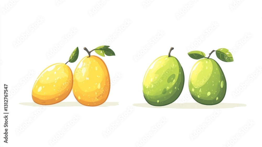 Two pairs of cartoon guava illustration, yellow and green. Stock Photo Two pairs of cartoon guava illustration, yellow and green. Stock Photo
