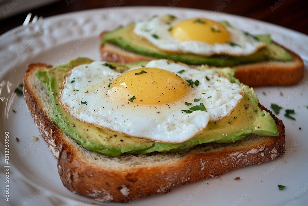 Two slices of toasted bread are adorned with creamy avocado and golden fried eggs. The dish is garnished with herbs, creating a tasty breakfast experience Two slices of toasted bread are adorned with creamy avocado and golden fried eggs. The dish is garnished with herbs, creating a tasty breakfast experience