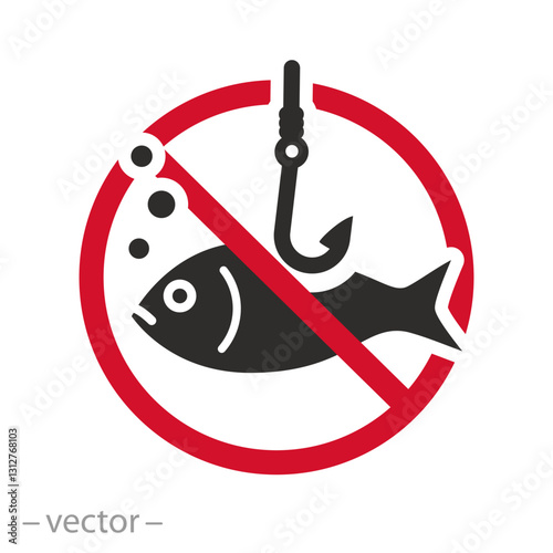 stop fish poacher, fishing prohibited icon, no red sign, flat vector illustration