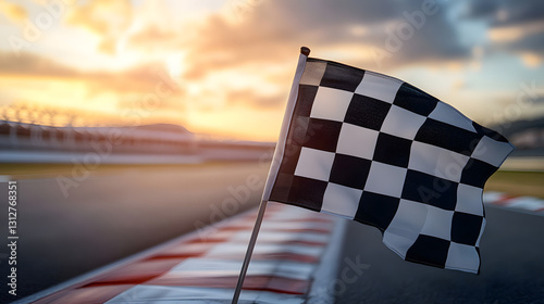 Checkered Flag at Sunset on Race Track