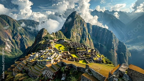 A mountain range with a village on top