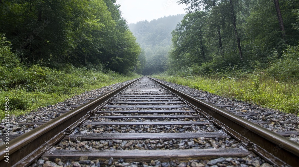 Railroad tracks vanishing through foggy woodland, merging industrial remnants with verdant landscape under soft atmospheric light Railroad tracks vanishing through foggy woodland, merging industrial remnants with verdant landscape under soft atmospheric light
