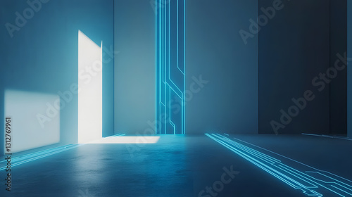 Futuristic Neon Blue Lines in Modern Empty Room