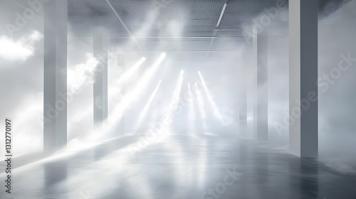 Ethereal White Hallway Dramatic Lighting and Foggy Atmosphere
