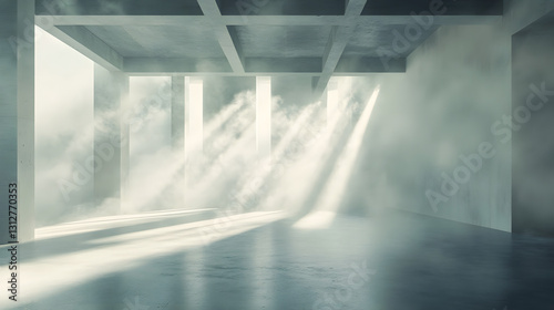 Sunbeams Illuminating a Foggy Industrial Space Abstract Architectural Interior