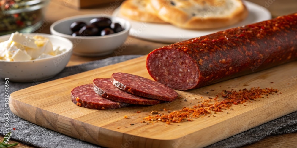 Sliced cured meat on a wooden board with cheese and olives surrounded by fresh bread and herbs