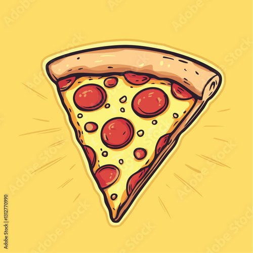 Illustrated slice of pepperoni pizza with melted cheese and crust displayed on a vibrant yellow background. Ideal for culinary art projects, food-themed graphics, or Italian cuisine inspirations.