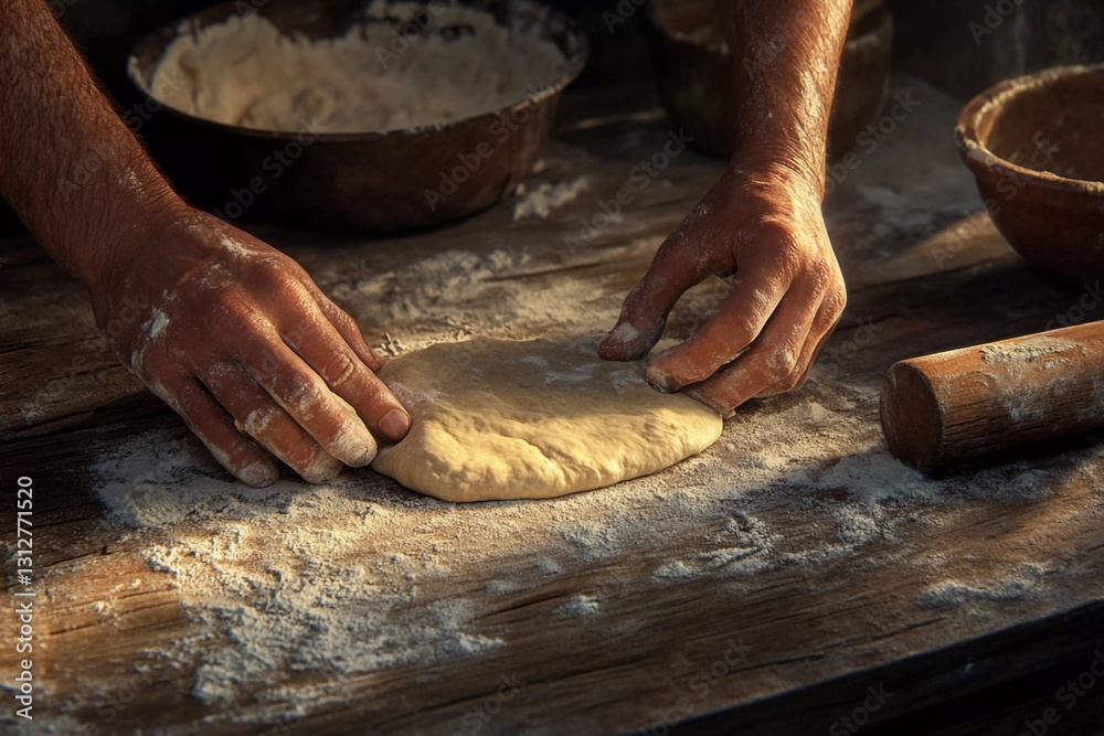 Hands kneading dough on a floured wooden surface Hands kneading dough on a floured wooden surface
