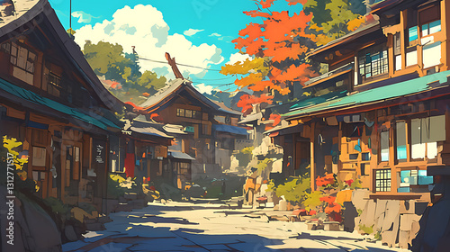 Serene autumn village scene showcasing traditional wooden houses amidst vibrant fall foliage
