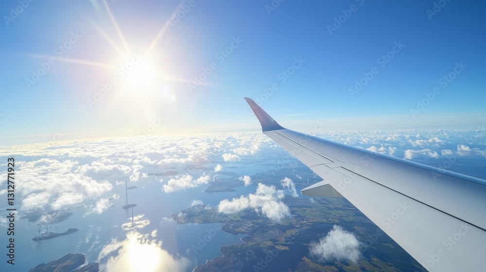 Obraz premium Airplane Wing Above Coastal Cloudscape Sunlit Scene
