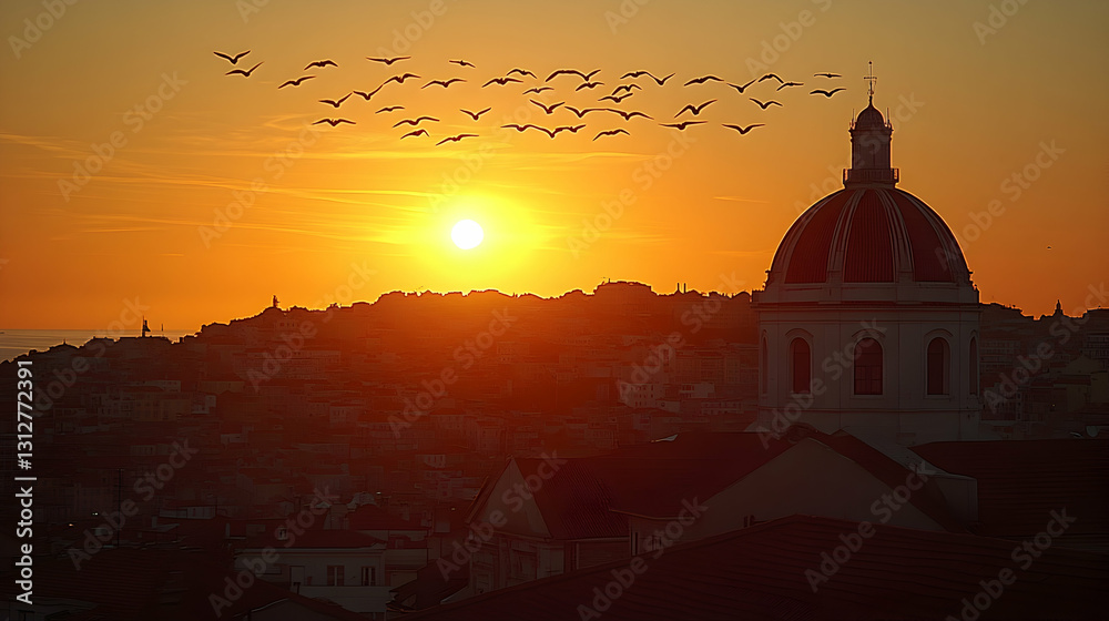 Obraz premium Sunset birds soar over Italian city