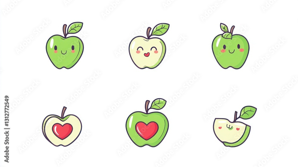 Cute cartoon apples with hearts, various views Cute cartoon apples with hearts, various views