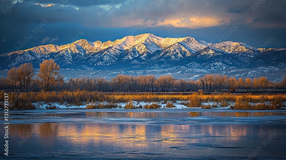 Fototapeta premium Snowy mountain range reflecting in calm, icy water at sunset.