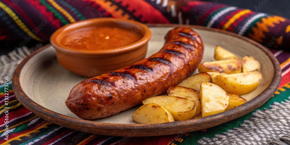 Grilled sausage served with roasted potatoes and spicy sauce on a vibrant textile background