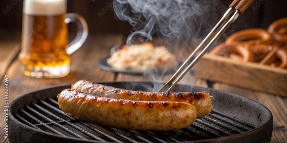 Grilling sausages with smoke rising in a rustic setting beside beer and pretzels