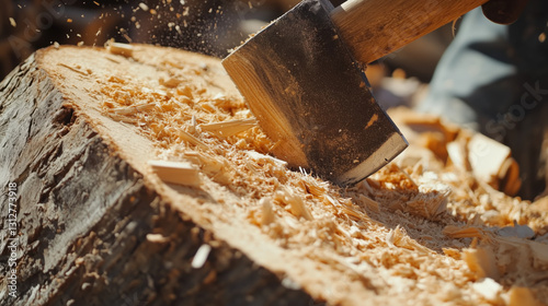 An Ax Chopped Into a Log of Tree Wood, Surrounded by Chopped Wood Pieces photo
