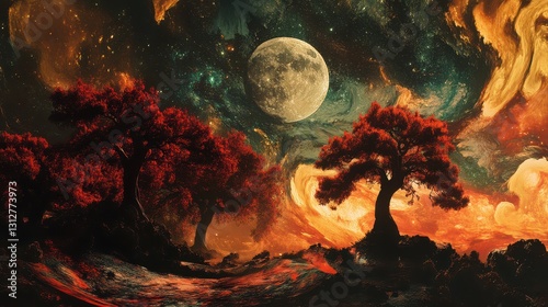 A dreamy landscape features red twisted trees set against a swirling cosmic backdrop with a glowing silver moon. photo