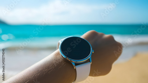 Smartwatch on Wrist at Tropical Beach