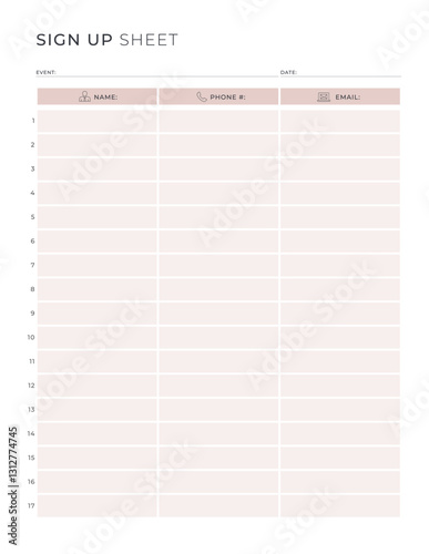 Sign up Sheet with event and date Portrait Letter size