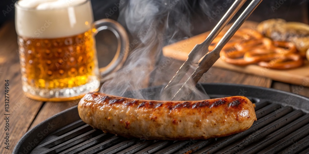 Grilling sausages with beer and pretzels on a rustic wooden table in a cozy setting