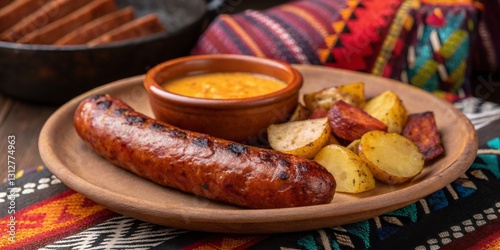 Grilled sausage served with roasted potatoes and a flavorful dip on a vibrant patterned tablecloth