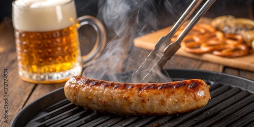 Obraz na płótnie Grilling sausages with beer and pretzels on a rustic wooden table in a cozy setting w salonie