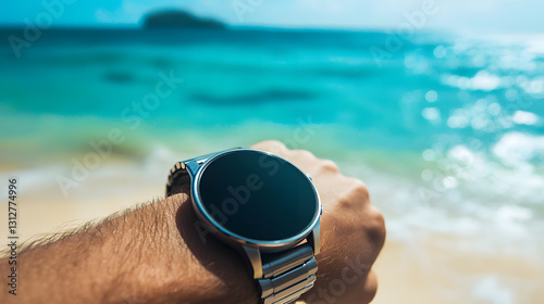 Smartwatch on Wrist at Tropical Beach