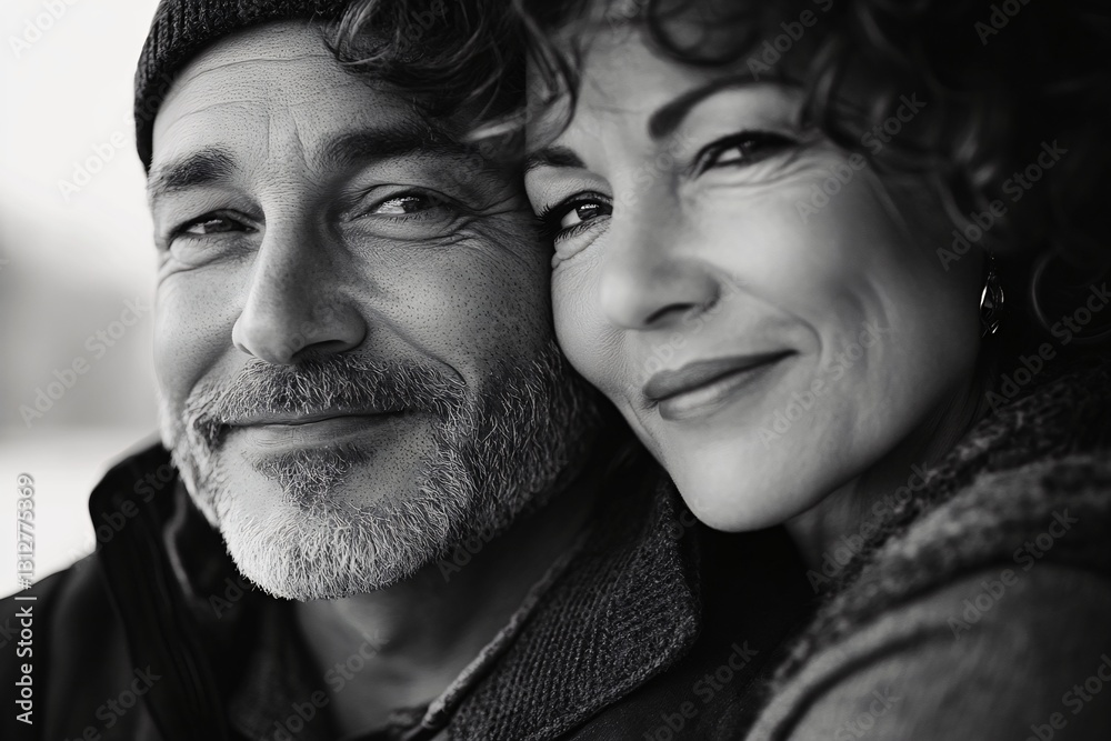 Close-Up of a Smiling Couple Sharing an Intimate Moment in Black and White Close-Up of a Smiling Couple Sharing an Intimate Moment in Black and White