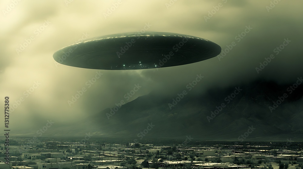 A massive alien spacecraft appears over a populated town A massive alien spacecraft appears over a populated town