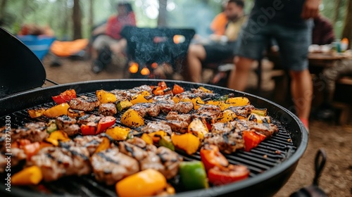 Camping Grill with Kebabs and Peppers