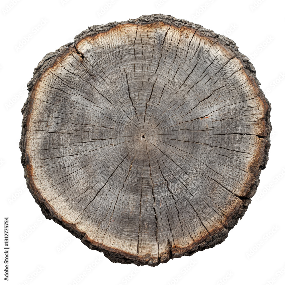 Fototapeta premium Crosscut of a tree log displaying intricate striped textures on a transparent surface, showcasing natural patterns in detail, Crosscut of a tree log with striped texture on transparent backgroundfile