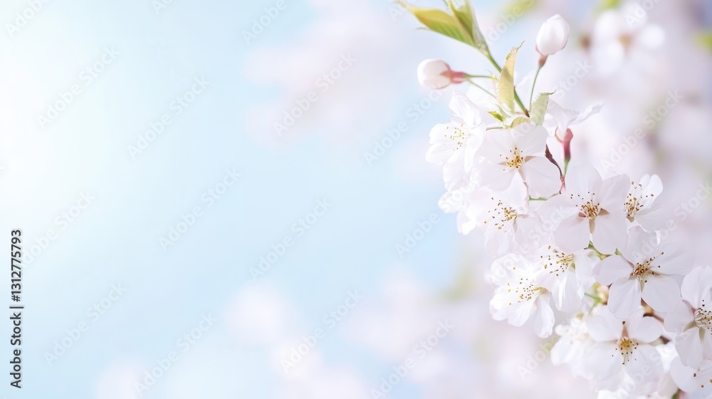 White cherry blossoms blooming against soft blue sky, highlighting delicate petals and seasonal renewal during springtime landscape White cherry blossoms blooming against soft blue sky, highlighting delicate petals and seasonal renewal during springtime landscape