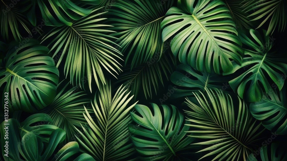 Lush dark green palm leaves creating a vibrant backdrop. Lush dark green palm leaves creating a vibrant backdrop.