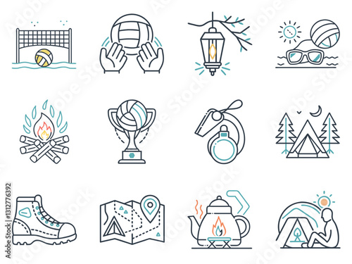 Summer outdoor recreation icon set in linear style.