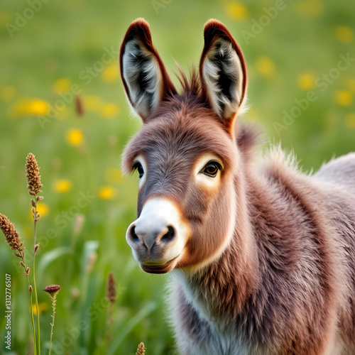 cute fluffy donkey in the meadow