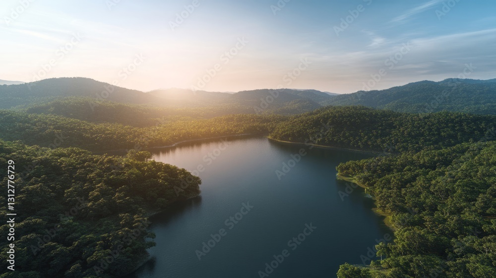 Naklejka premium Majestic Mountain Lake with Lush Greenery