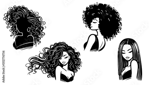 Black women faces set. African American girls with beautiful long hair. Vector illustration of silhouette with trendy haircut.
