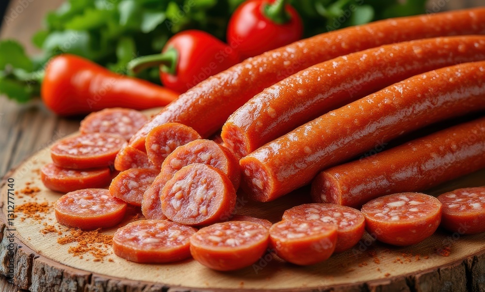 Delicious sausage arrangement on wooden board Delicious sausage arrangement on wooden board