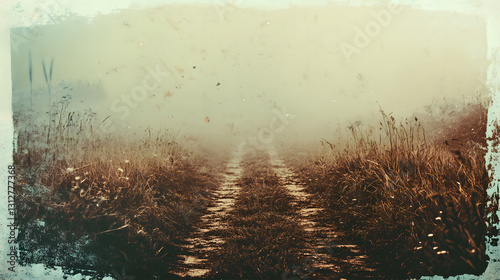 Mystical Foggy Path in Autumnal Meadow - Vintage Style