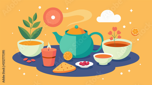 The second round of tea was served accompanied by small meditative snacks to cleanse the palate and enhance the experience.. Vector illustration