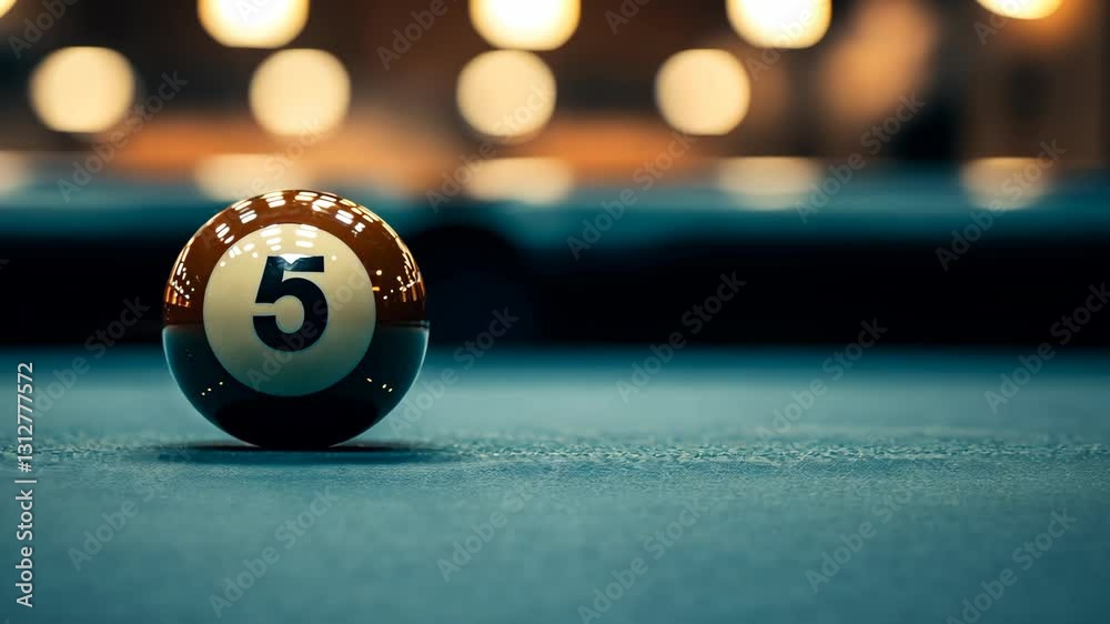 Five ball on a billiard table in a dimly lit game room during a friendly match