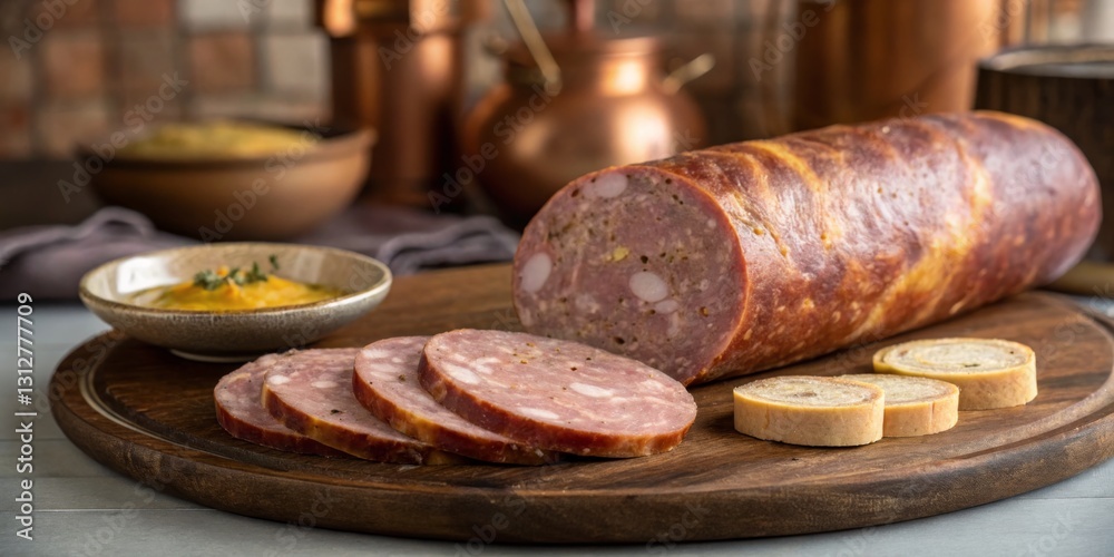 Gourmet meat platter featuring sliced charcuterie with mustard on a rustic wooden board