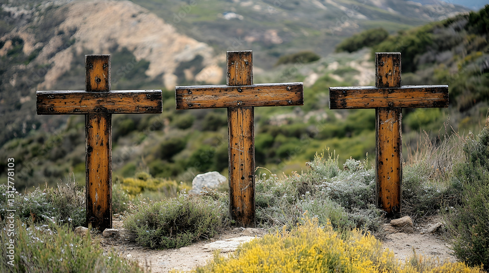 Obraz premium Three weathered wooden crosses in a hillside setting