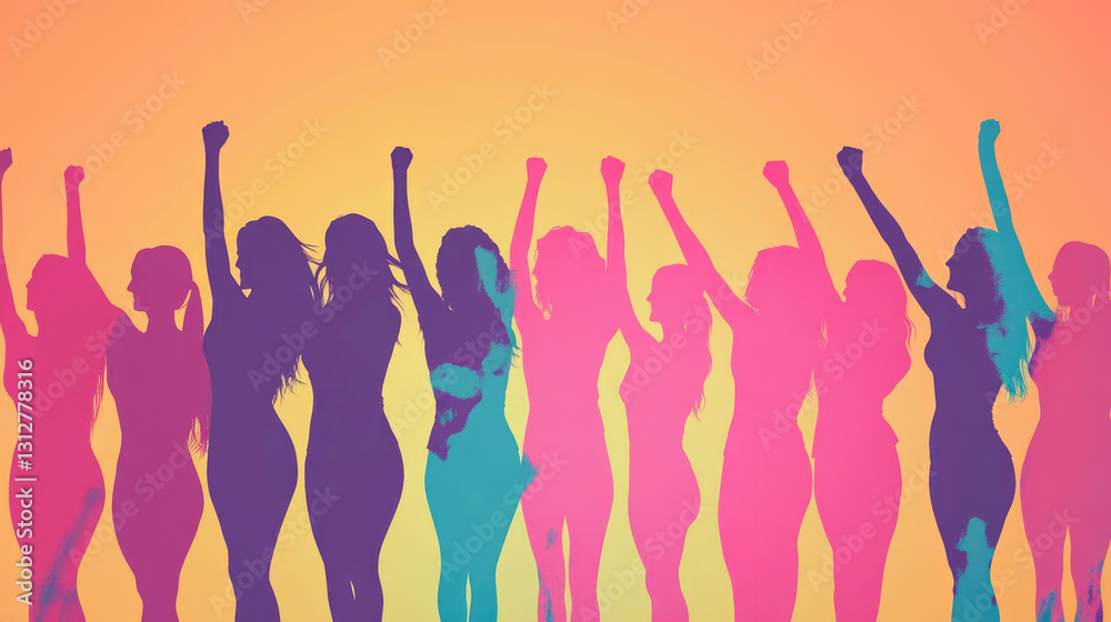 Colorful silhouettes of diverse women celebrating unity against vibrant background Colorful silhouettes of diverse women celebrating unity against vibrant background